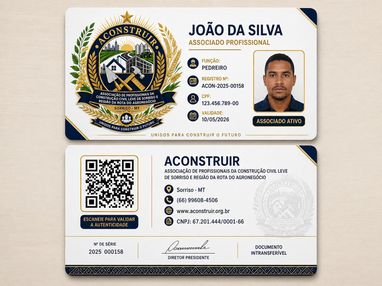 Modelo oficial da carteirinha digital ACONSTRUIR — frente e verso